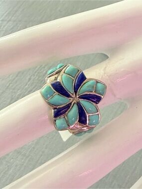 925 Sterling Silver Turquoise Lapis Inlay Southwestern Style Ring NEW Size 5.75